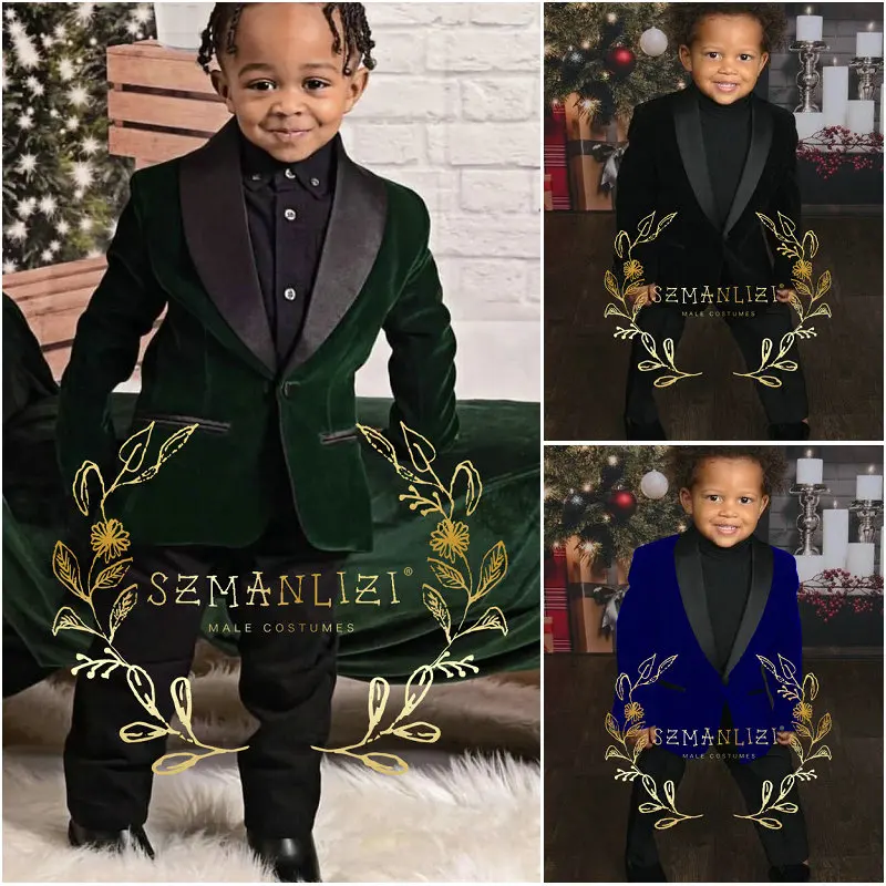 

Green Velvet Children's Formal Wedding suit Boys Blazer Pants 2 Pcs Outfits Shawl Lapel Kids Party Performance Costume Sets