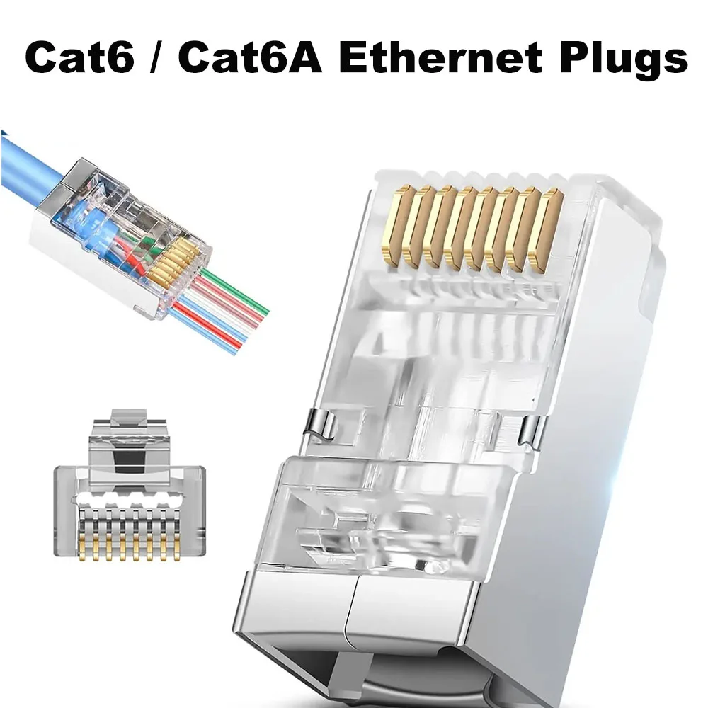 50Pcs Shielded RJ45 Pass Through Connectors Cat6 Cat6A 3 Prong 8P8C Gold Plated Ethernet Cable Ends for FTP STP Network Wire