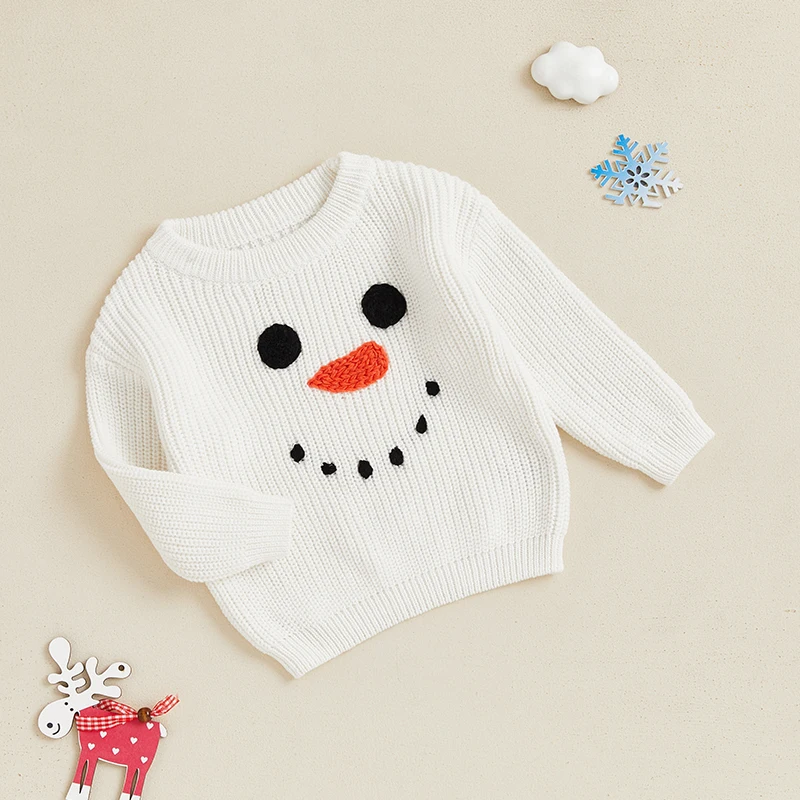 Baby Boy Girl Christmas Sweater Snowman Embroidery Crew Neck Long Sleeve Pullover Knit Tops for Fall Winter