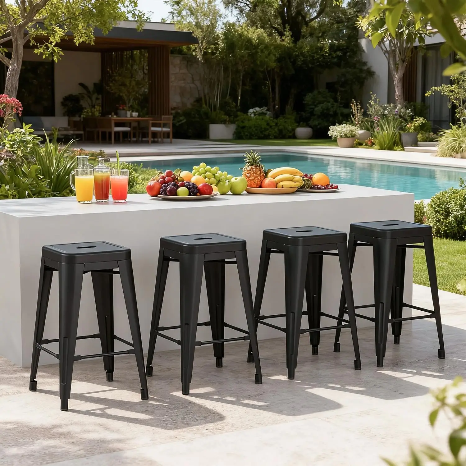 Backless Metal Bar Stool Stackable Indoor-Outdoor Counter Height Dining Chair Set Of 4 24 Inch, Customized