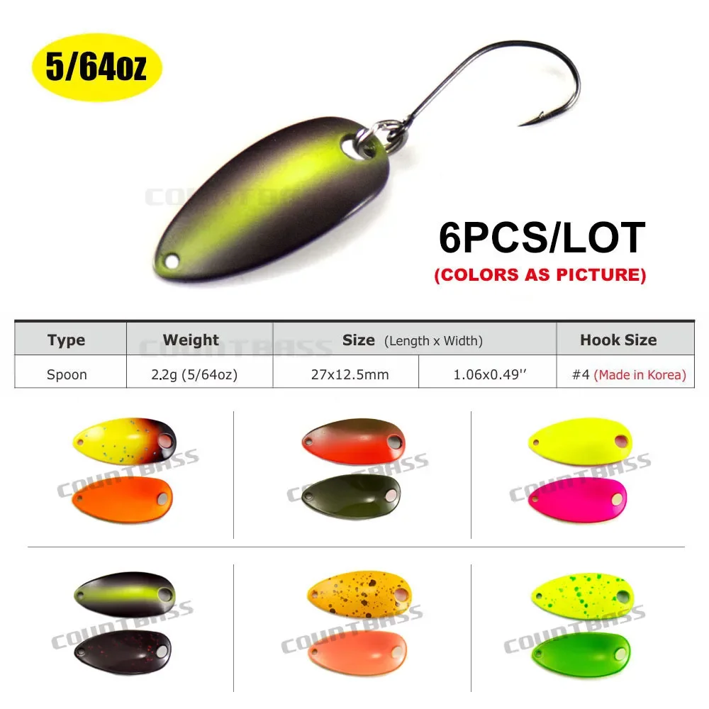 6PCS Countbass Casting Spoon Size 27x12.5mm, 2.2g  5/64oz Freshwater Salmon Trout Pike Bass Metal Brass Fishing Lures