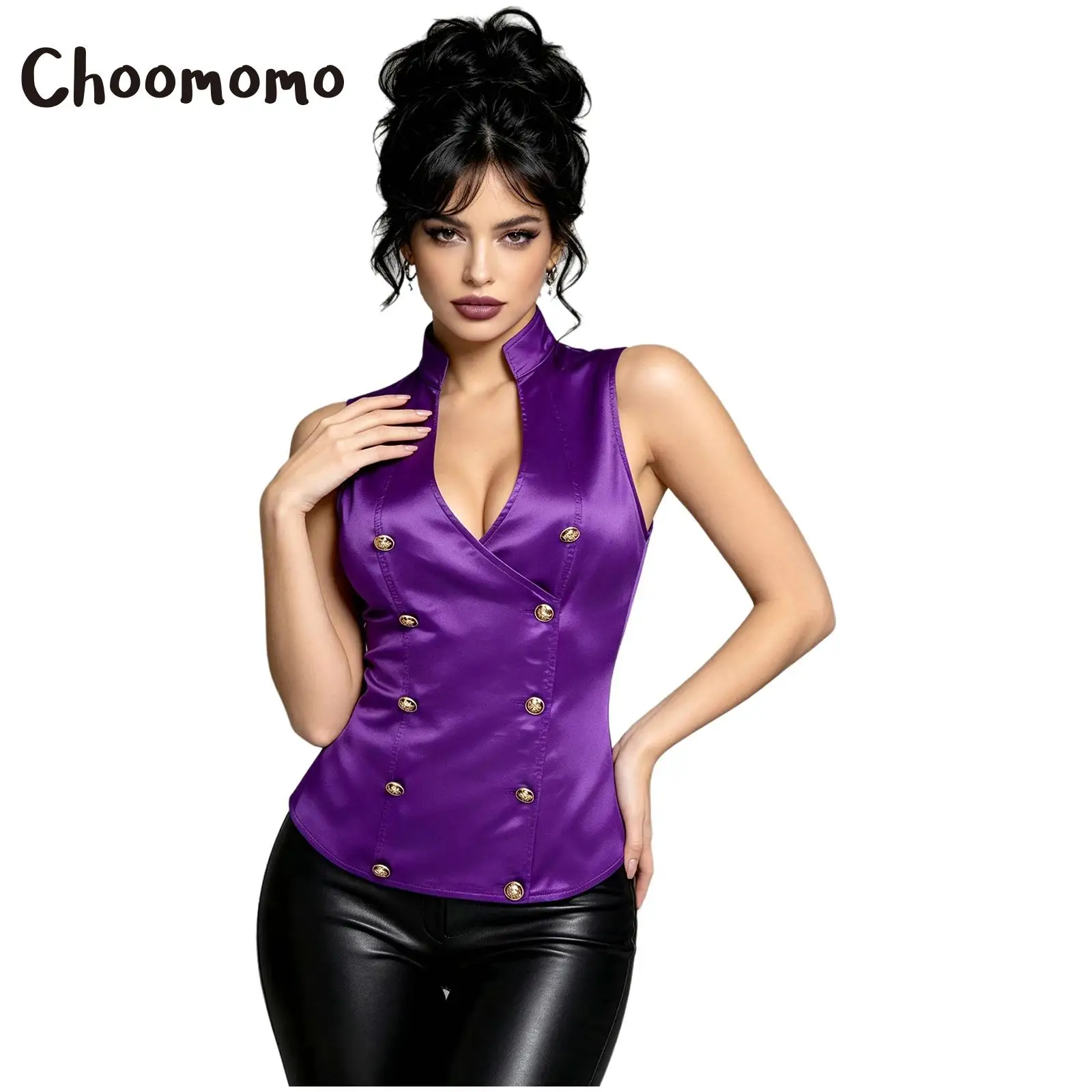 Women Victorian Satin Waistcoat Jacket Top Sleeveless Stand Collar Steampunk Gothic Vest Halloween Cosplay Theme Party Costume