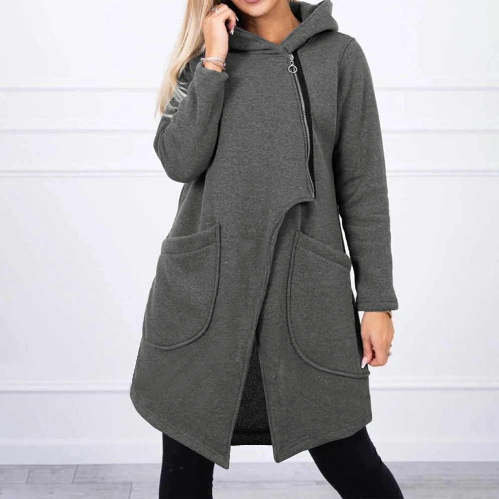 Women Loose Casual Side Zipper Hoodies Fleece Jackets Coat Plus Size Thermal Hooded Long Pocket Autumn/Winter Streetwear Outwear