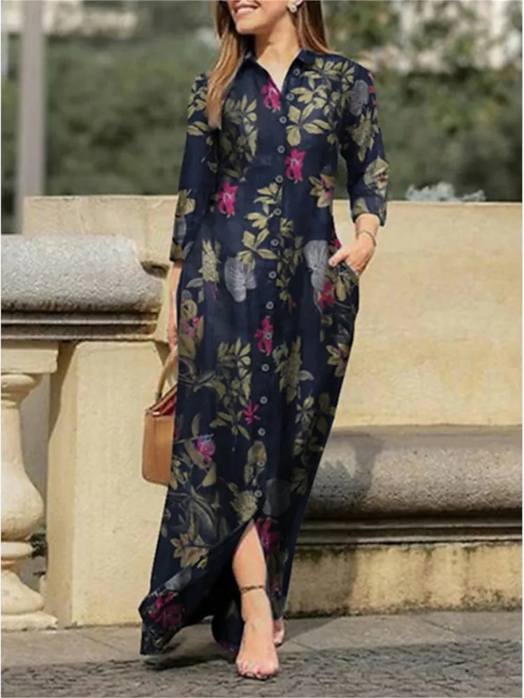 Elegant Women's Casual Positioning Printed Pocket Collar Dress Spring And Autumn Fashion Long Sleeve Loose Button Long Dresses 