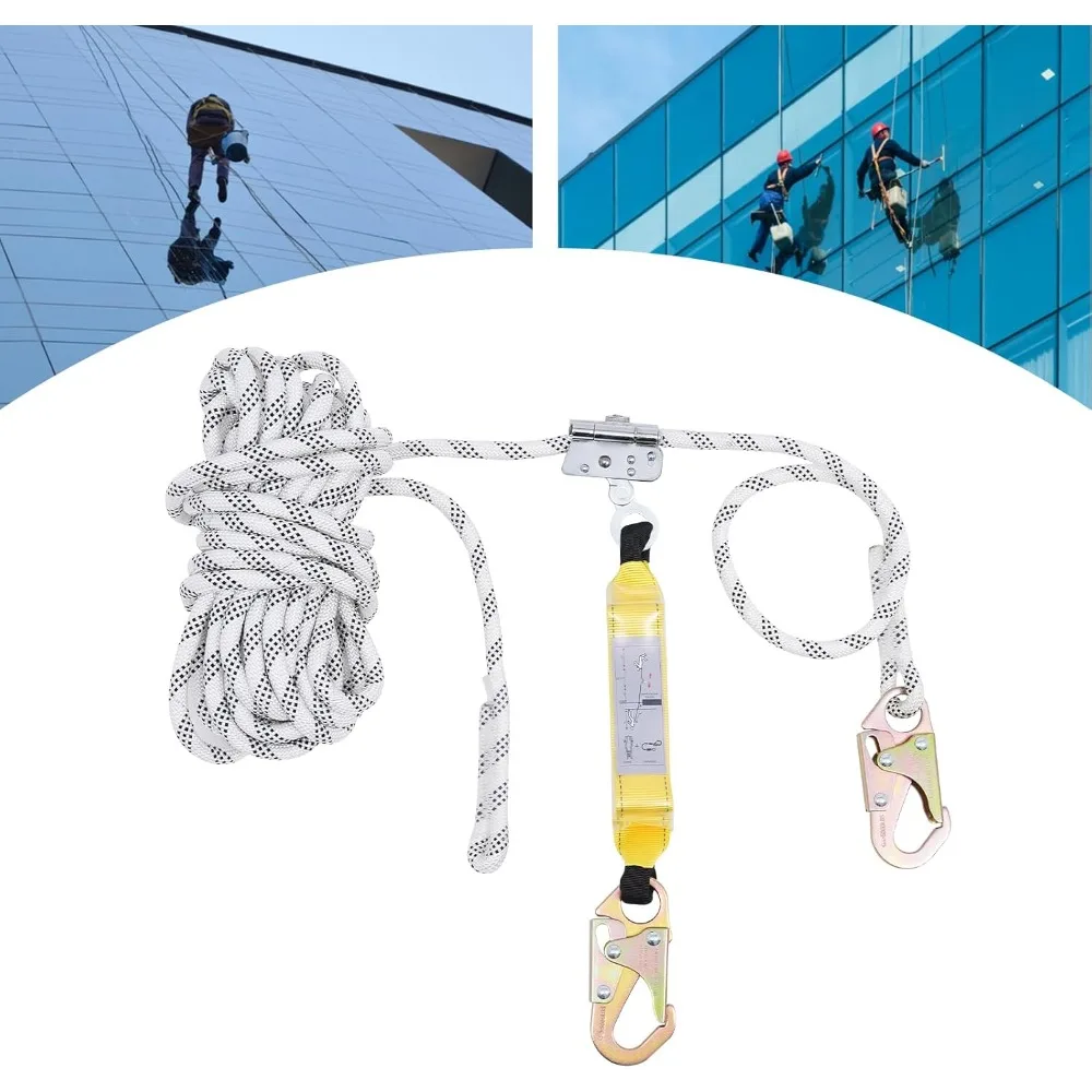 50ft Fall Protection Rope Polyester Roofing Rope with Alloy Steel Rope Grab Two Snap Hooks for Roofing Climbing Logging