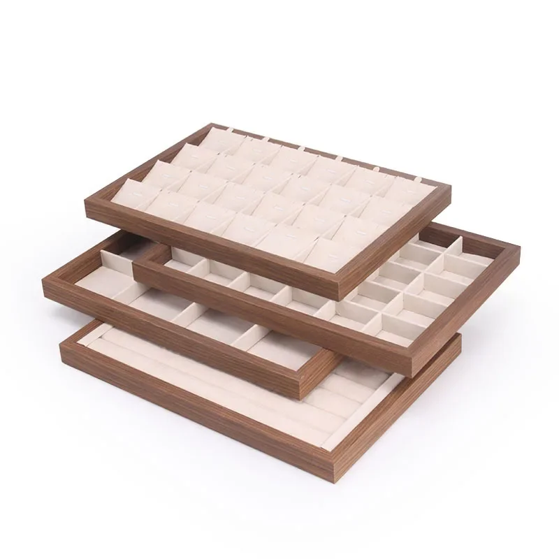 الجوز الأسود الخشب الحبوب علبة مجوهرات حلقة قلادة سوار صندوق عرض Mie البيج المخملية مجوهرات اكسسوارات التخزين المنظم #3