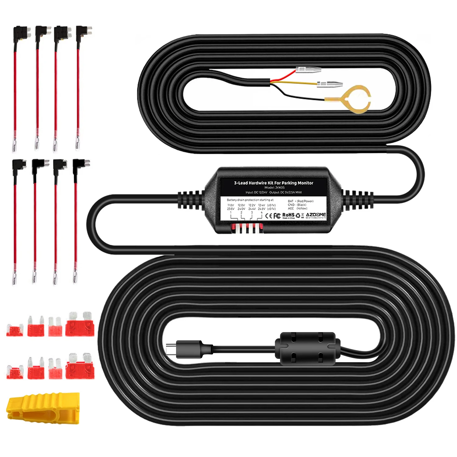 AZDOME JYX05 Kit de fil dur d'enregistrement DVR de voiture pour M660/M550 Max/M300S/GS63H Pro Protection basse tension Port type-c 12 V-24 V en 5 V 2.5A out