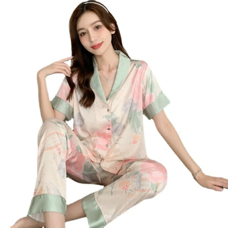 Spring Summer Satin Silk Pajamas for Women Short Sleeves Long Pants Thin Two Piece Woman New Lapel Pijamas Casual Sleepwear