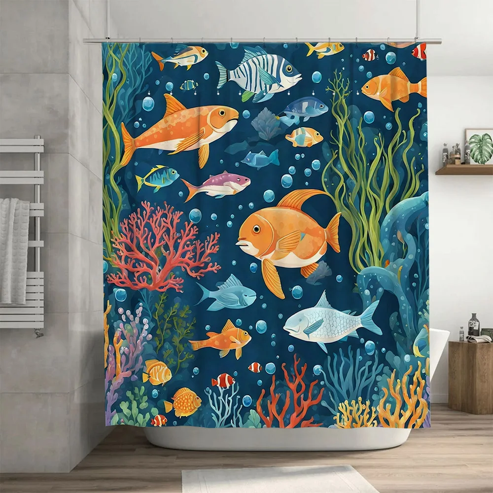 ستارة دش عالمية تحت الماء مطبوعة مرجانية على شكل سمكة نابضة بالحياة لديكور الحمام قماش مقاوم للماء مع حلقات بمقاسات مختلفة متوفرة #3