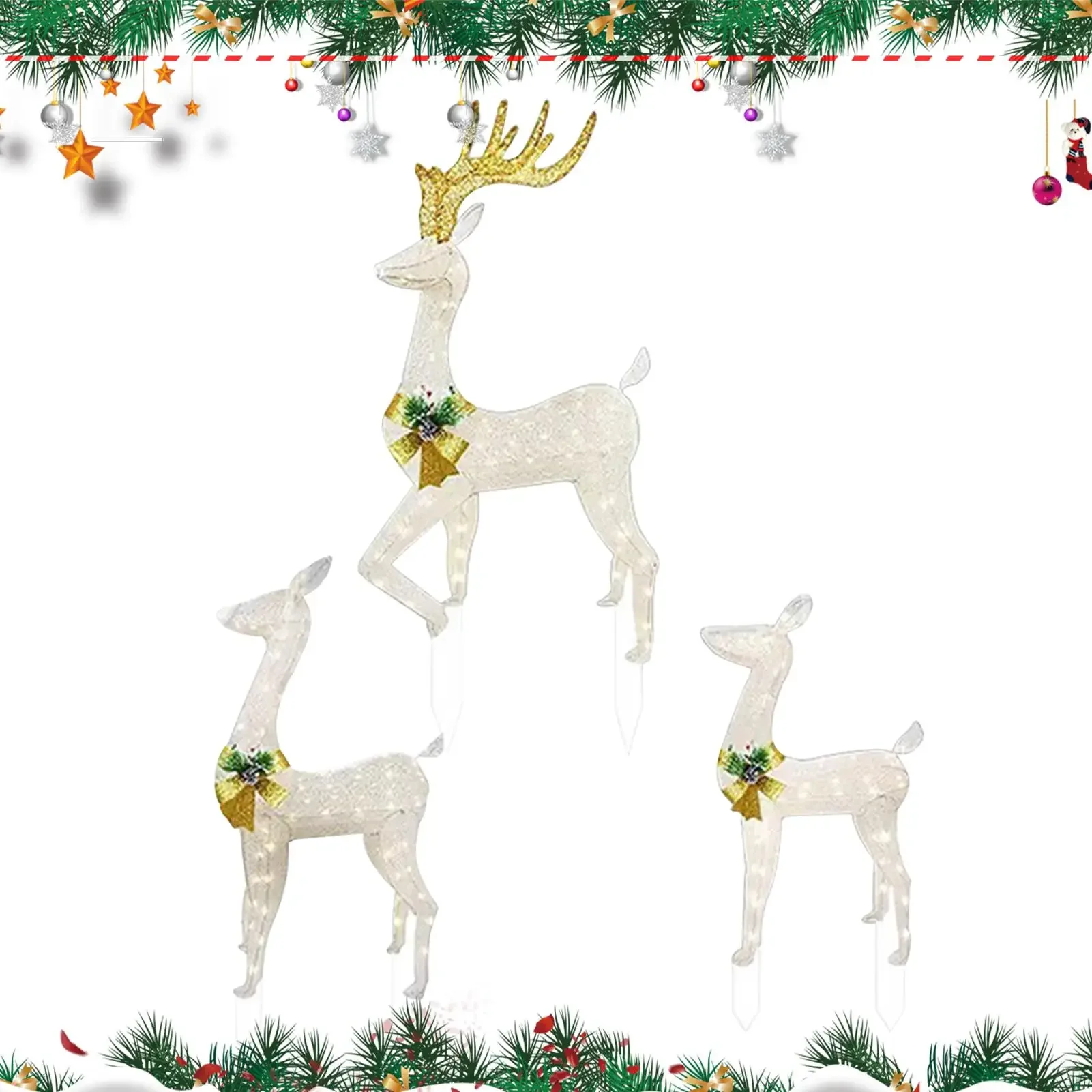 Christmas Decoration Stakes 3 Pieces Weatherproof LED Insertion Yard Reindeer Holiday Decoration For Family Home Holiday Ground