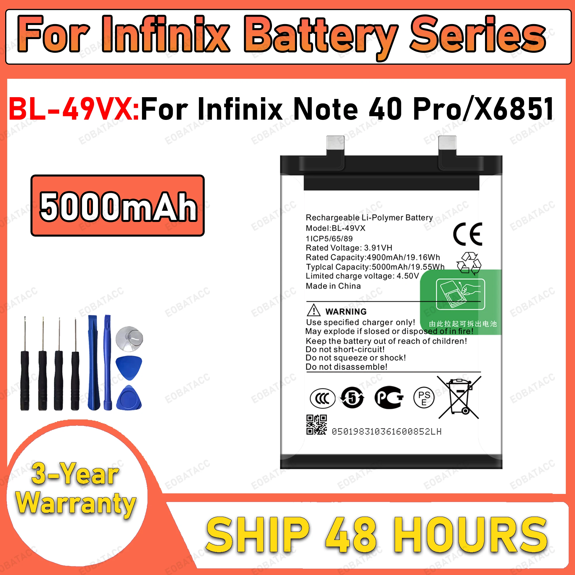 

100% New BL-49VX Li-ion Polymer Battery For lnfinix NOTE 40 PRO X6851 Mobile Phone