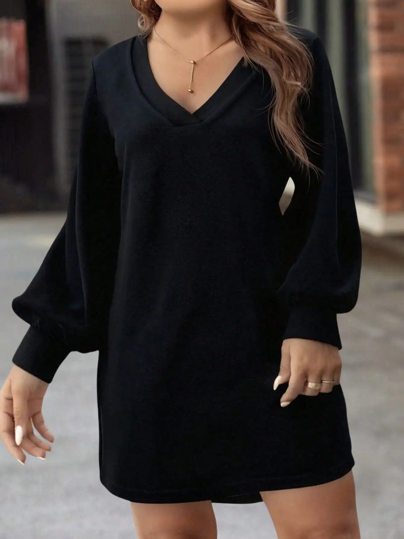 여성용 V넥 긴팔 플러스 사이즈 캐주얼 드레스 - 블랙 미니멀리스트 가을 겨울 스타일
