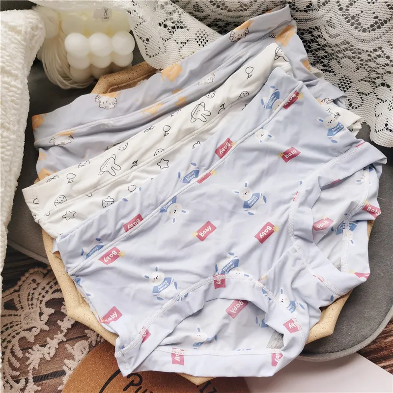 28-color Mid-waist Ice Silk Women\'s Underwear Printed Milk Silk Cartoon Stripe Check Fruit New Breathable Panties Nylon Sexy