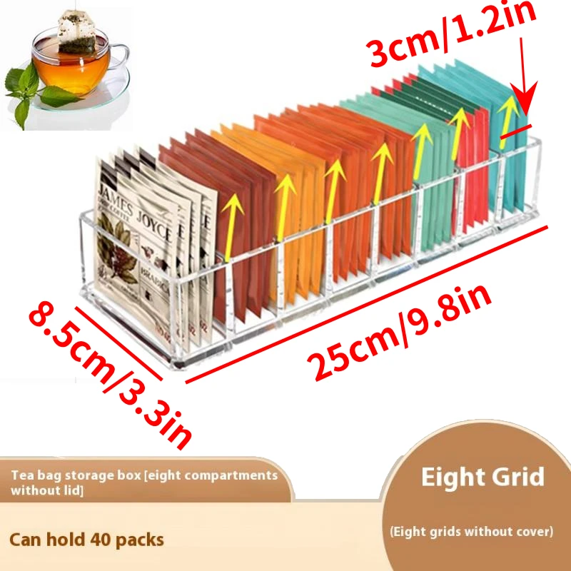 Kotak Penyimpanan Kantong Teh Bunga Kotak Display Transparan Kotak Klasifikasi 8-Grid Alat Pengatur Desktop Multifungsi