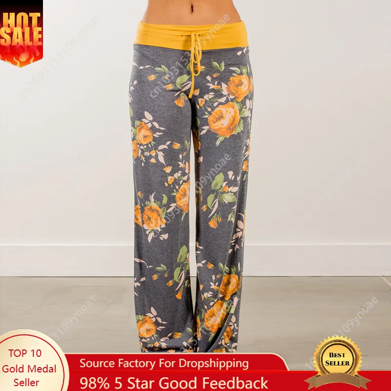 

Vintage Floral Print Low Rise Pants Sexy Women Wide Leg Trousers Elastic Drawstring Pant Casual Cotton Trouser with Pockets Home