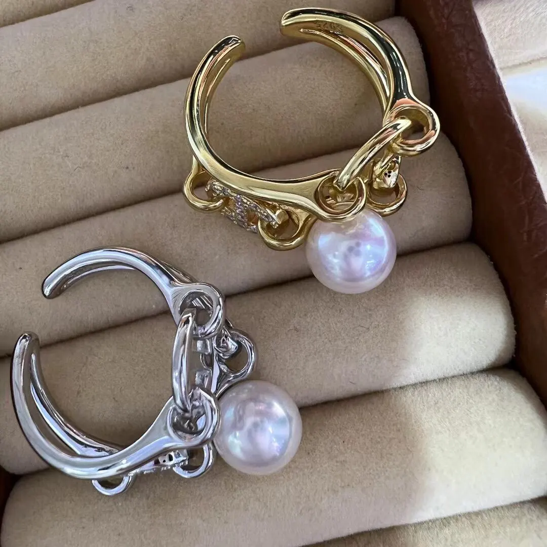 Natural Tahiti+Japanese Pearl Open Ring AAAA9-10mm 925s Pure Silver New Design Ring
