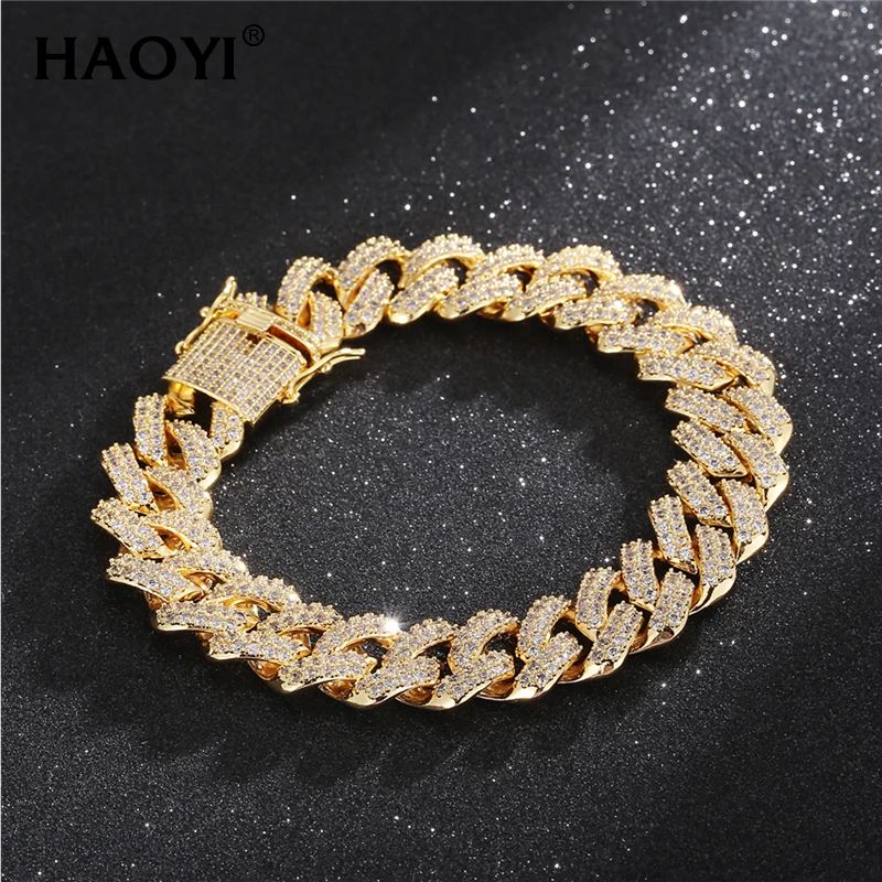 High Quality Iced Out Miami Cuban Link Chain Bracelet Gold Plated Bling Pave Hip Hop Jewelry for Men Women Valentine Gift