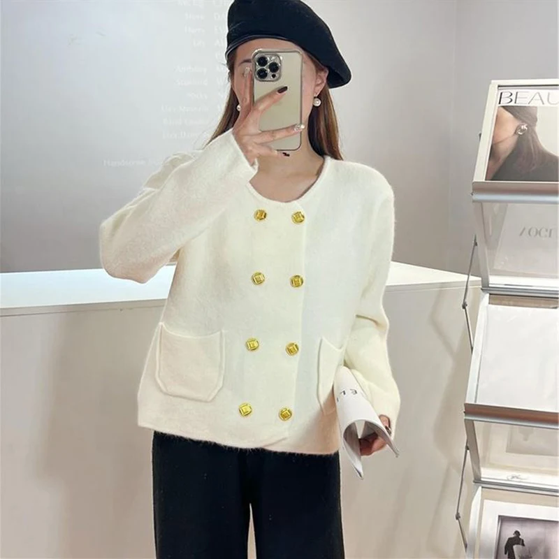 French Short Knitted Cardigans Women Vintage Double Breasted Pockets Sweater Woman 2023 Autumn Winter O-Neck Loose Cardigan Coat