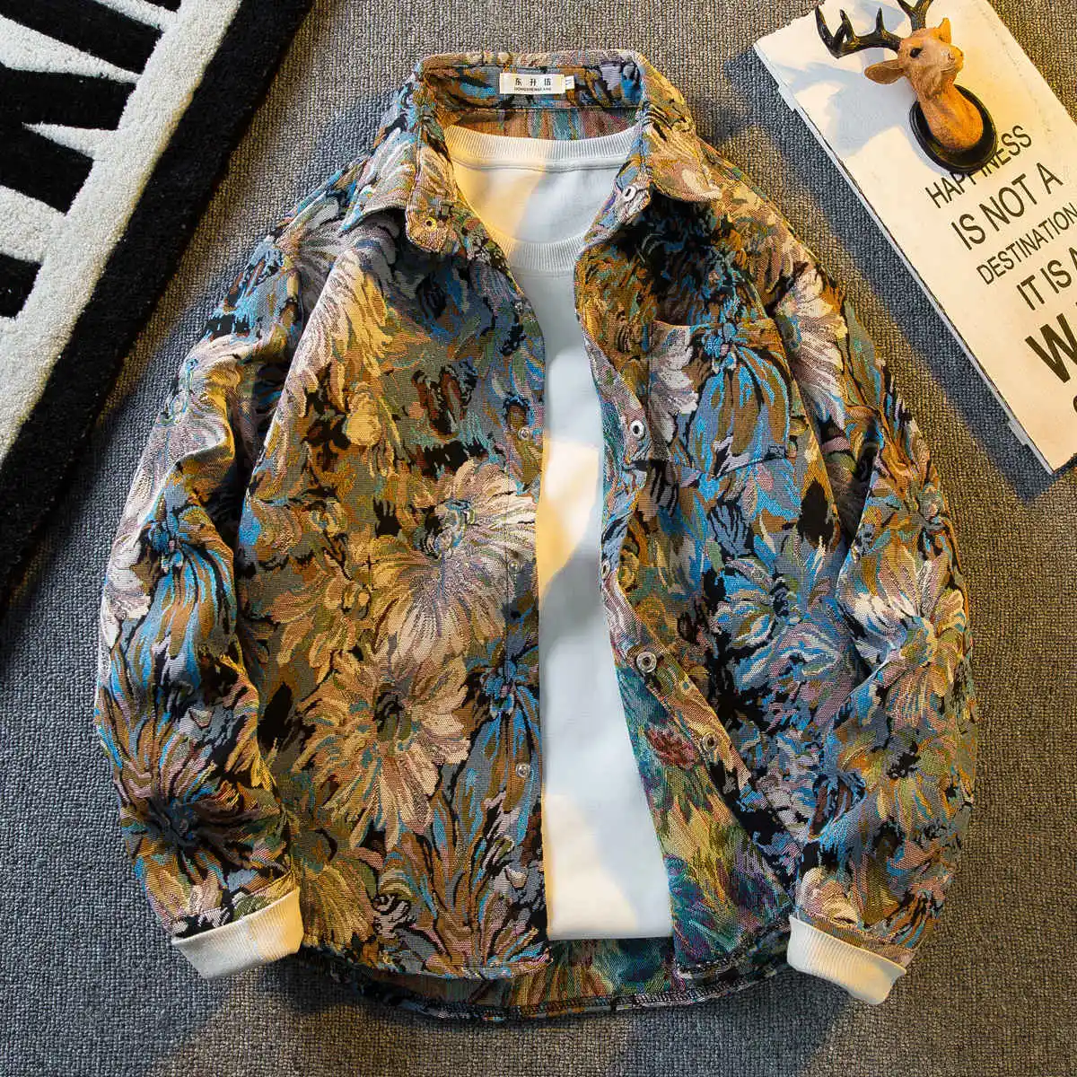 Fashionable vintage oil painting jacquard shirt for men's long sleeved spring and autumn  design jacket streetwear  mens shirts