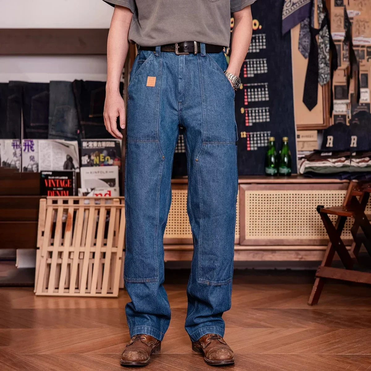 Red Tornado Classic Workwear Style Double-Front Denim Pants Straight-Leg Cargo Carpenter Trouser