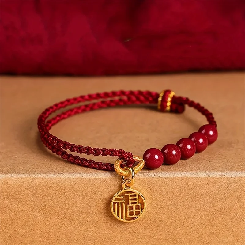 Handwoven Rope Imitation Cinnabar FU Pendant Bracelet for Women Lucky Red Chinese Knot Handmade Braided Bracelet Jewelry Gift