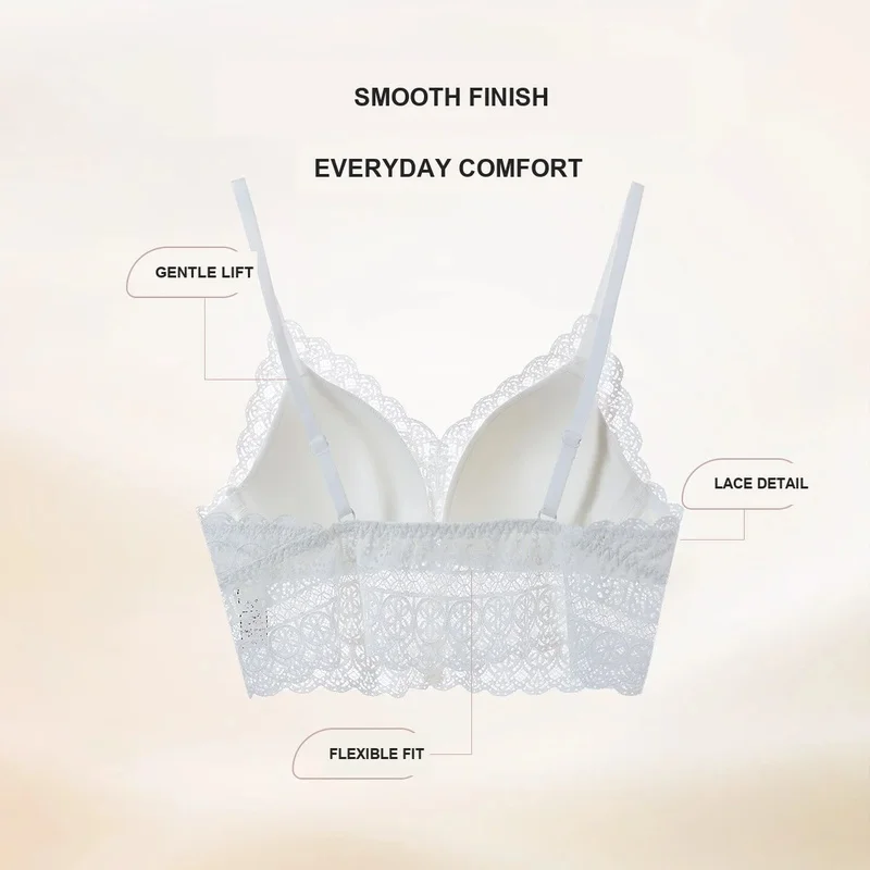 Women's Wireless Lace Push Up Back Smoothing Breathable Adjustable Straps Bra Comfortable Everyday Lingerie White