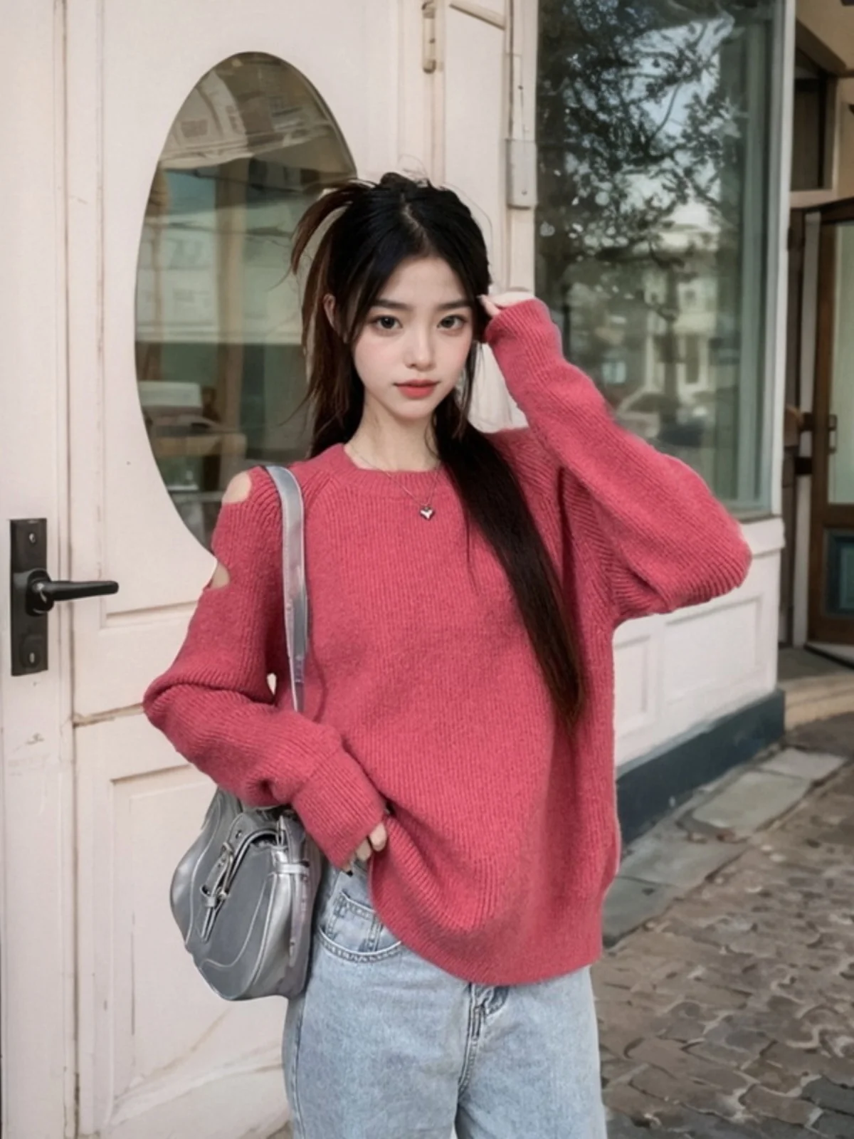 

Ele с открытыми плечами, розово-красный вязаный свитер, женский свободный ажурный ленивый свитер, весна-осень, Новое поступление 2024