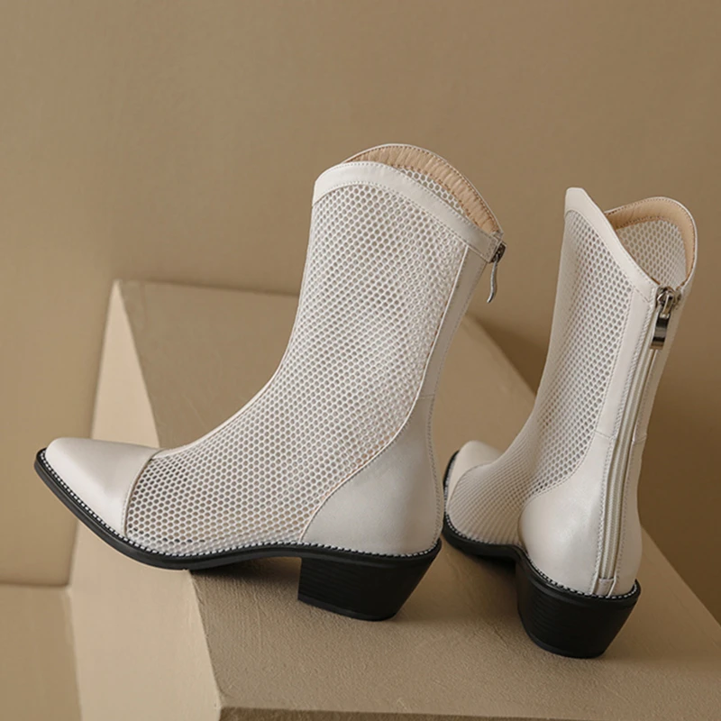 

2025 New Mesh Sandals Boots,Women Mid Heeels Summer Shoes,Sexy Hollow Out Botas,Pointed Toe,Apricot,Black,Dropship,High Quality