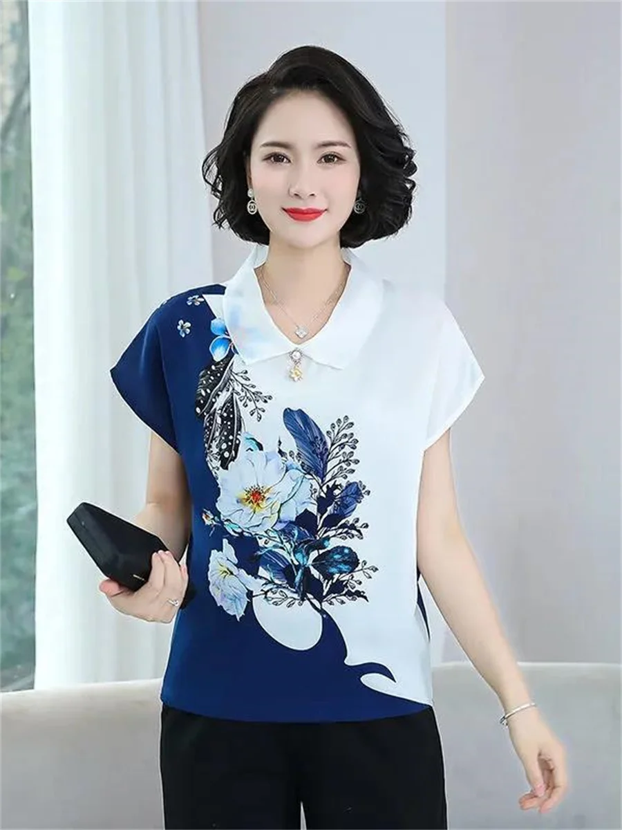 4XL Women Spring Summer Blouses Shirts Lady Fashion Casual Short Sleeve Turn-down Collar Flower Printing Blusas Tops G2122