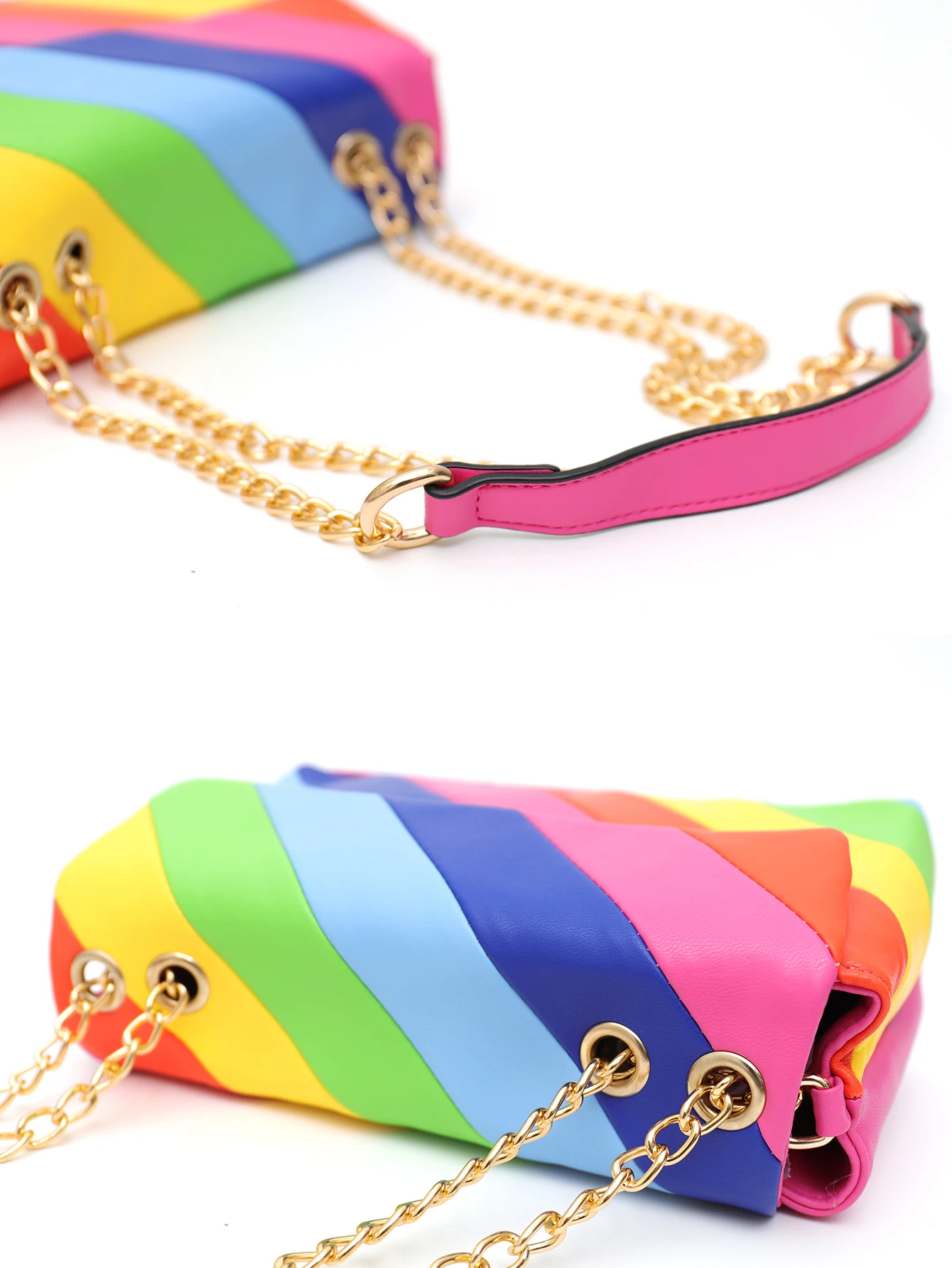 CEZIRA Shiny Rainbow Flap Bags for Women Luxury Multi-Coloured Patchwork Cross Body Shoulder Handbags Metal Chain Square Purses