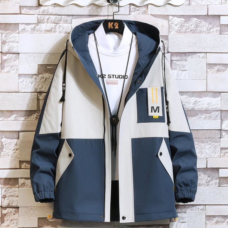 

Spring Autumn Casual Mens Windbreaker Jackets For Youth Korea Fashion Patchwork Hooded Coats Outwear Tops Clothing Dropshipping