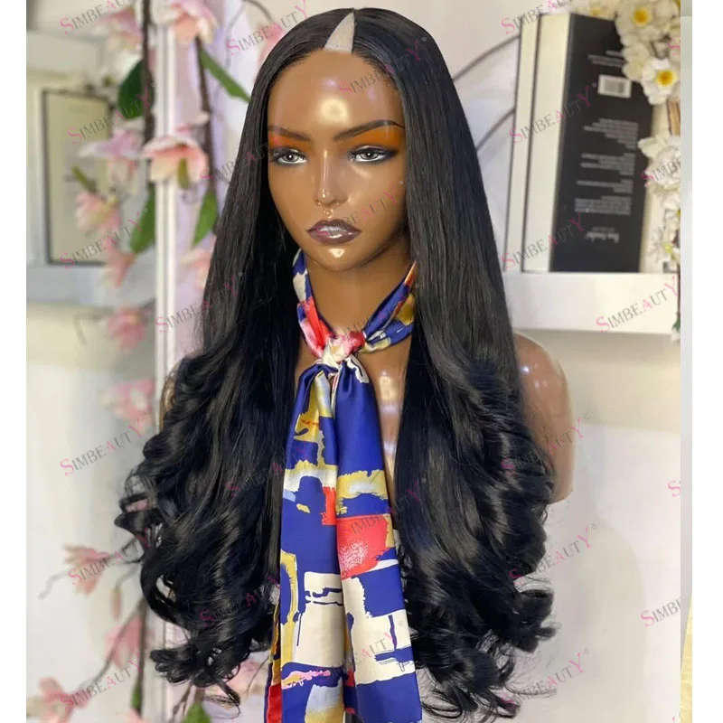 

Super Long 30Inch Slightly Wavy Natural Black Human Hair 1x4 Opening U Part Wigs with Clips Glueless Adjustable V Part Women Wig