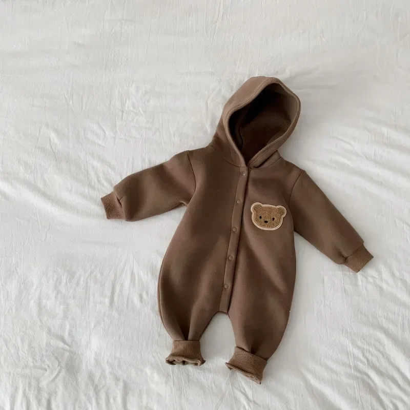 Bebe Winter Newborn Baby Plush Bodysuit Button Jumpsuit Cartoon Bear Hoodies Boy Girl Romper Twins Clothes Korean Allmatch Ropa