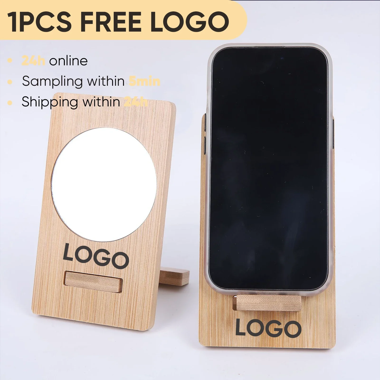

1 шт., бамбуковая подставка с лазерной гравировкой, держатель для телефона 2-в-1, зеркало для макияжа, бесплатный логотип, персонализированный подарок, настольный органайзер, держатель