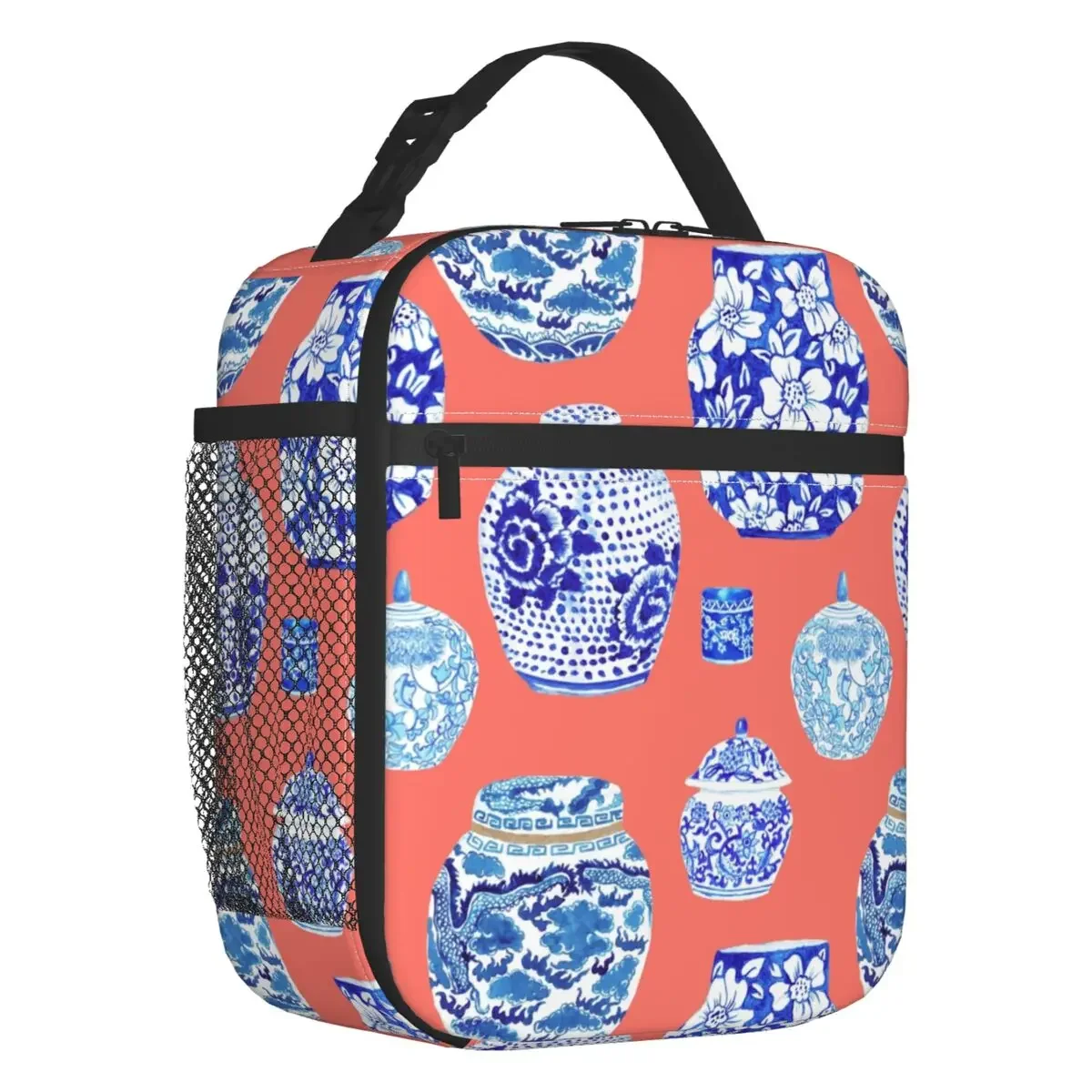 Chinoiserie Ginger Jar Collection In Neon Peach Coral Insulated Lunch Bags Delft Tiles Thermal Cooler Food Lunch Box Outdoor