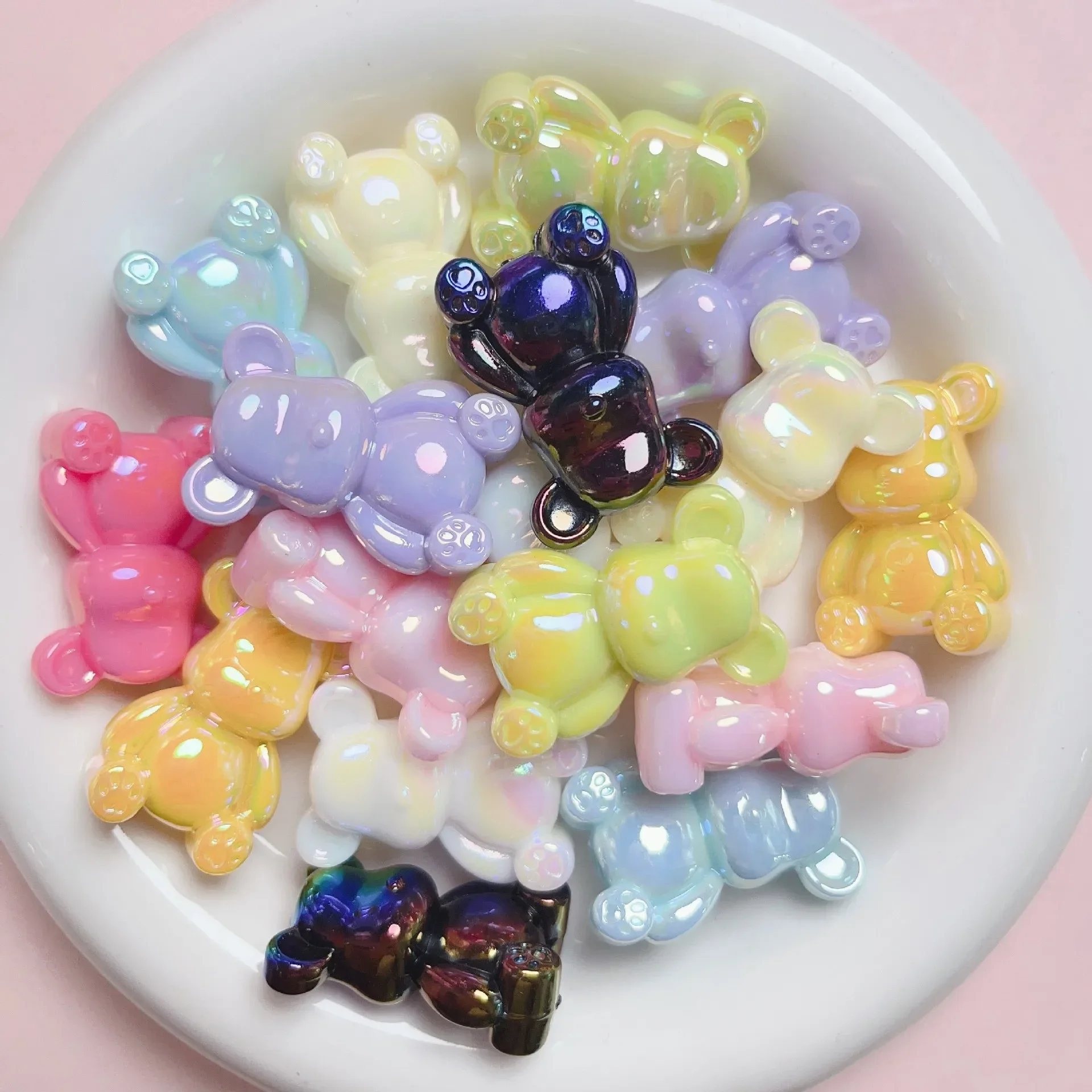 5pcs High-quality uv electroplating solid color luminous bear straight hole beaded hand-painted bottom embryo diy mobile phone c