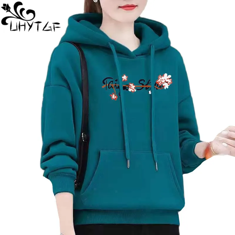 

UHYTGF M-4XL Winter Hoodies Jacket Women New Print Letter Hooded Pullover Sweatshirts Female Casual Warm Loose Tops Outewear 188