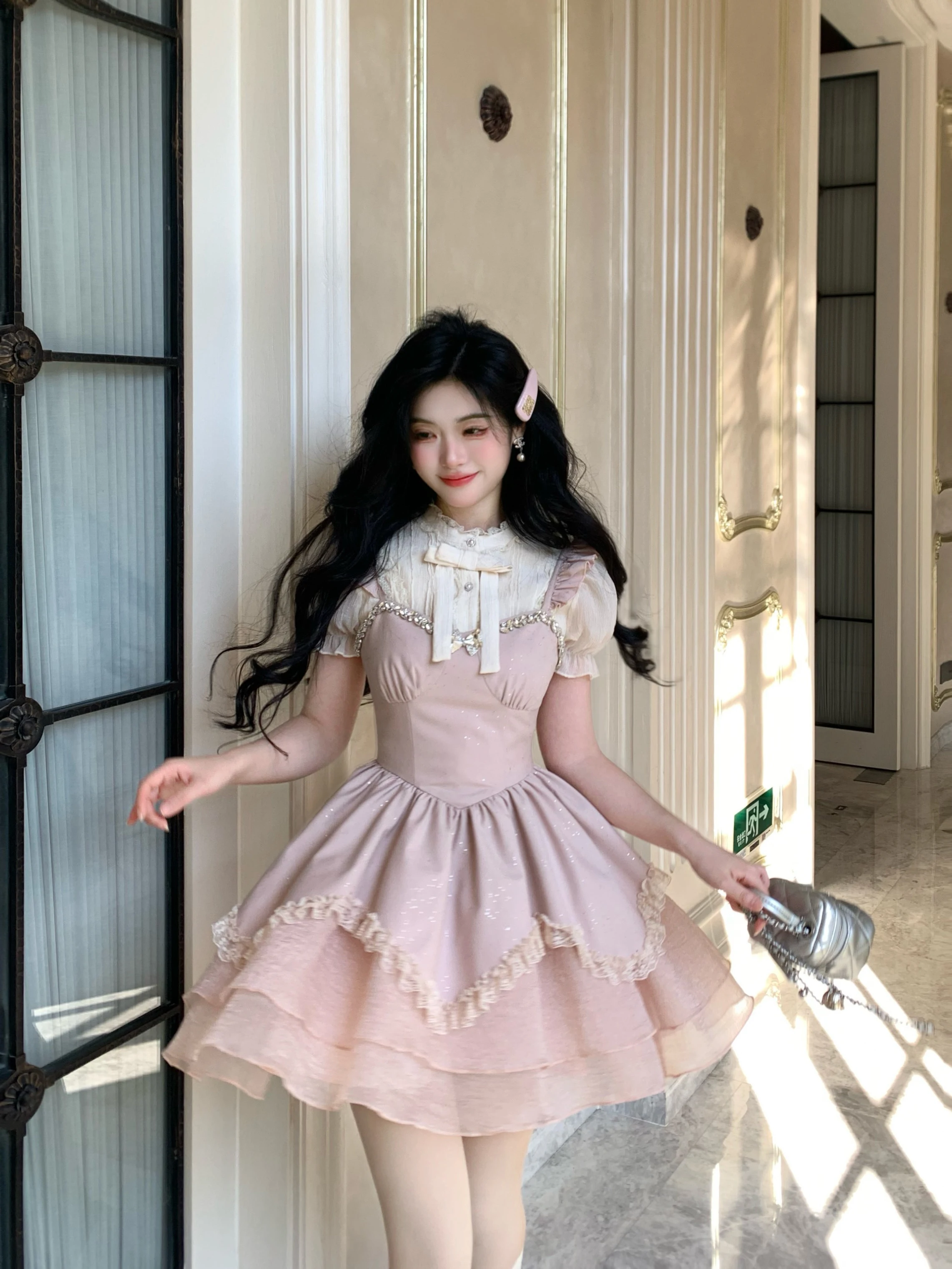 Elegante doce gola chiffon manga curta arco único breasted camisas de cintura alta magro fofo estilingue vestido conjuntos de duas peças feminino