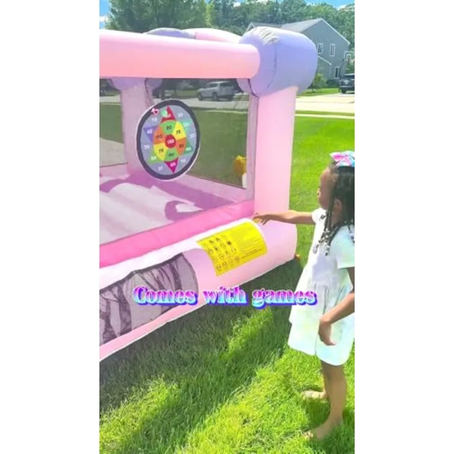 Dmuchany domek do skakania dla dzieci z dmuchawą w zestawie, różowy domek do zabawy wewnątrz/na zewnątrz, domek do skakania dla dzieci w stylu makaroników.