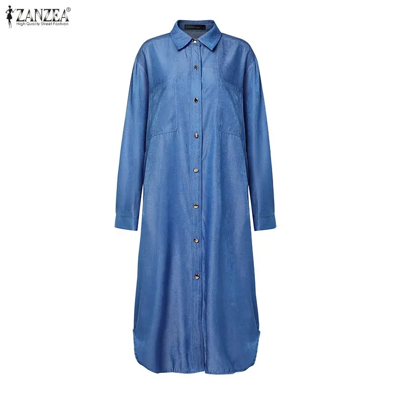 المرأة طويلة الأكمام قميص فستان 2026 الربيع نمط غير رسمي الياقات زر حتى جيوب الدنيم مثل فساتين متوسطة الطول ZANZEA ملابس امرأة #1