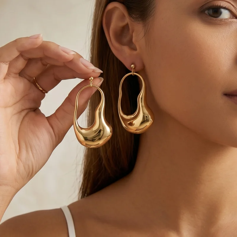 Minimalist Irregular Organic Shape Gold Drop Earrings Asymmetrical Hollow Hoop Dangle Earrings For Women Daily Office Wear