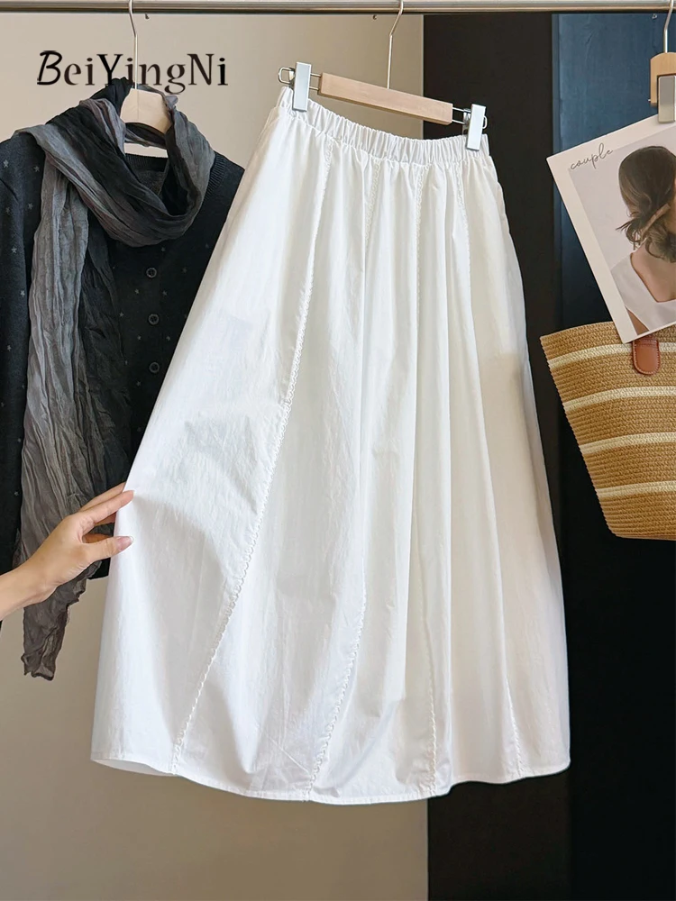 Beiyingni Kpop Simple Casual Midi Skirts Women Elegant Fashion White Bud Skirt Female High Street Retro Chic Khaki A-line Skirts