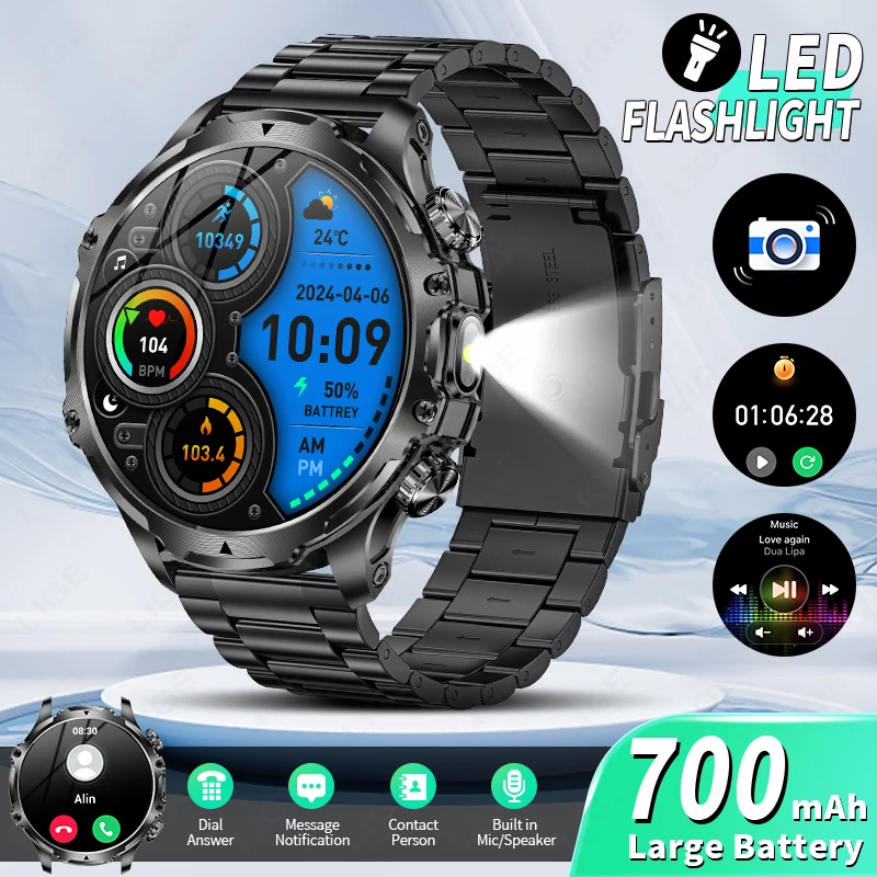 LIGE Smart Watch Men Outdoor 700mah Large Battery Flashlight Military Wristwatch 1.90'' HD Bluetooth Call Sports Smartwatch 2025