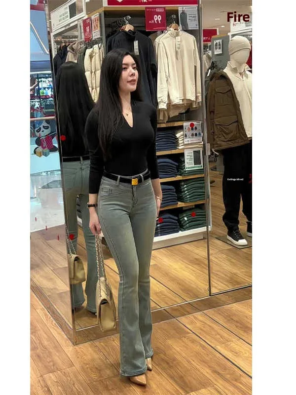 

Джинсы женские с высокой талией, стрейч, микро-клеш, новинка 2025, ретро, светлый цвет, облегающие, скинни, повседневные, из хлопкового денима