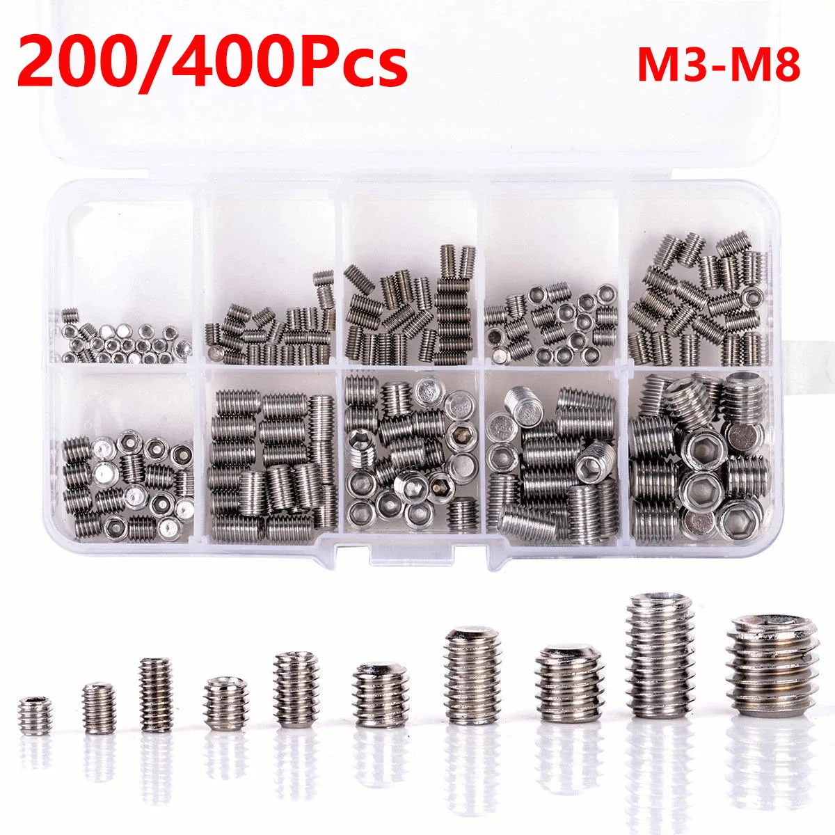 200/400Pcs Stainles Steel Hex Socket Set Screw Grub Screws Assortment Kit M3 M4 M5 M6 M8 Assortment for Hardware Tool Set Screw