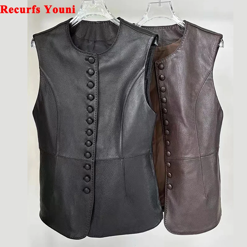 Women Lambskin Single Breasted Female Genuine Leather Round Neck Slim Fit Tank Top Streetwear Sleeveless Jacket Chaleco Mujer