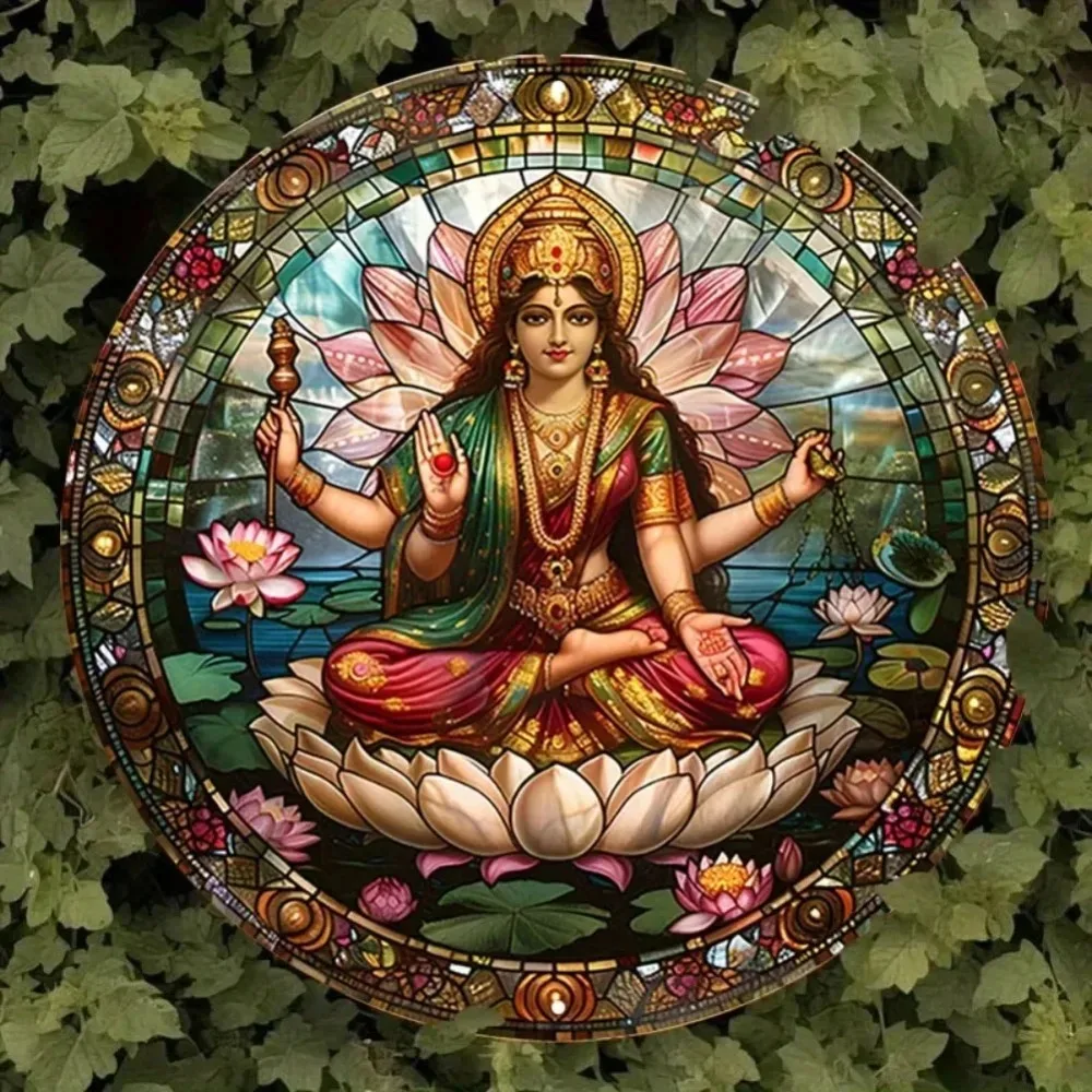 لوحة فنية جدارية من الألومنيوم عتيقة من Lakshmi - نمط زجاجي ملون، 7.8 × 7.8 بوصة، آلهة هندية على عرش اللوتس