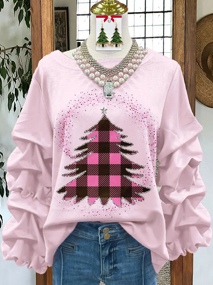 

Sweet Plaid Christmas Tree Print Pleated Sweatshirt