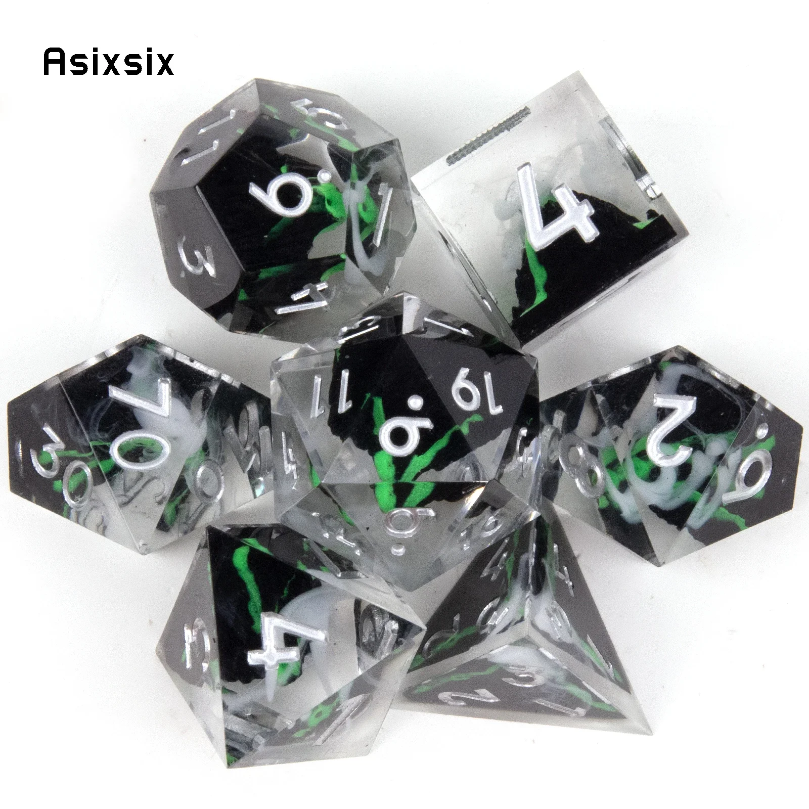 

7 Pcs Black Green Volcano Resin Golden Number Sharp Edge Dice Polyhedral Dice Suitable for Role-Playing RPG Board Game