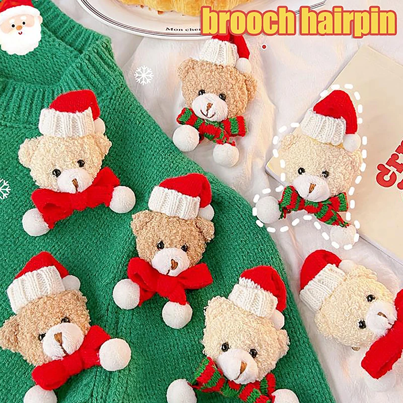 Plush Santa Hat Scarf Bear Hair Clips Brooch 2 Uses Cute Pin Girl Headwear Barrettes Christmas Party Decoration Accessories Gift